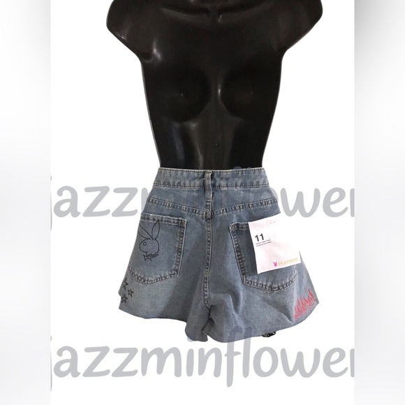 Playboy blue jeans shredded distressed hem bunny logo denim shorts size 11 new‎ - Picture 11 of 16